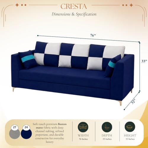 Image of FURNY Signature Cresta 3 Seater Sofa Set | Boston Fabric | 40D Foam + Zigzag Spring | 3-Yr Warranty (Midnight Blue, Light Grey)| Modern Living Luxury Sofa Set for Home, Office & Hotel Spaces