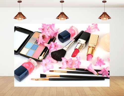 12x8ft Makeup Set Pink Flowers Backdrop Lipsticks Eyeshadow Brushes Photography
