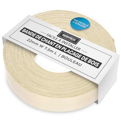 WoodPress® 22 mm Bois de Bouleau Véritable Bande de Chant en Placage Préencollé – Rouleau de 7,5 m – Application à Repasser Facile à Faire soi-même, Couvre Le Bord d'un Panneau MDF Standard