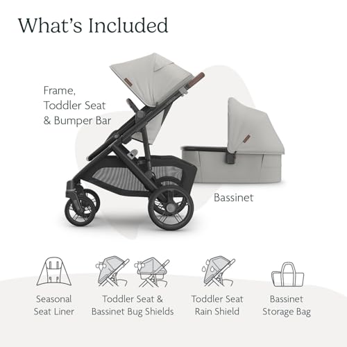 Image of UPPAbaby Vista V3 Stroller + Bassinet V3 - Convertible Single-to-Double Stroller System- Bassinet, Toddler Seat, Bug Shield, Rain Shield Included - Savannah (Pearl Gray /Carbon Frame /Chestnut Leather)