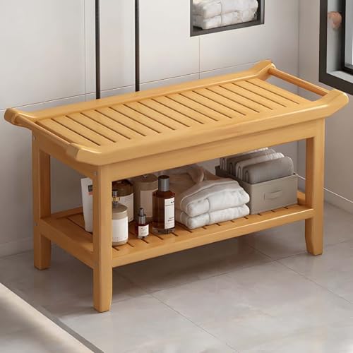 GDMDPTE Stylish 80cm Bamboo Shower Bench with Handles Versatile Shoe Rack & Stool for Easy Shoe Change Indoor/Outdoor Footrest with Storage Shelf