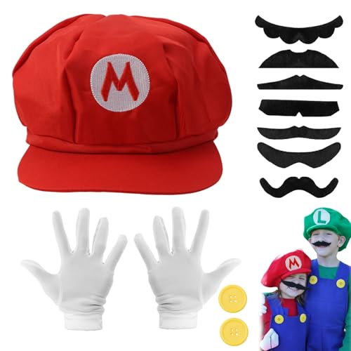 CHRI Super bros kostüm für cosplay, Kostüm Accessories Mütze Handschuhe Hut Bart Knöpfe für Fasching Halloween Karneval Cosplay