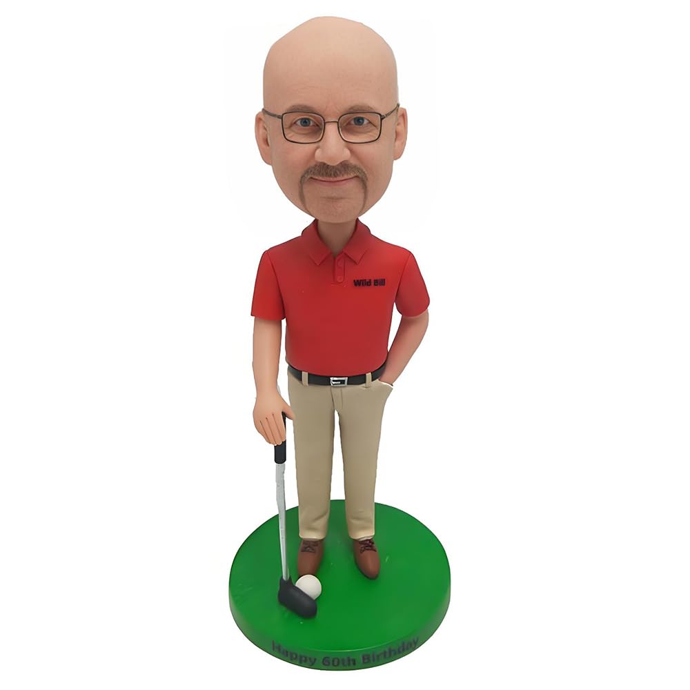 MEJELE Custom Golf Bobblehead, Personalized Birthday Gift, Red Polo and Khaki Pants, Standing on Green Base, Office Decoration Based on Your Photo