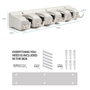 HOME IT Mop And Broom Holder - Garage Storage Systems with 5 Slots, 6 Hooks, 7.5lbs Capacity Per Slot - Garden Tool Organizer For 11 Tools - For Home, Kitchen, Closet, Laundry Room - Off-White 2 41bHsjVkVBL. SS300