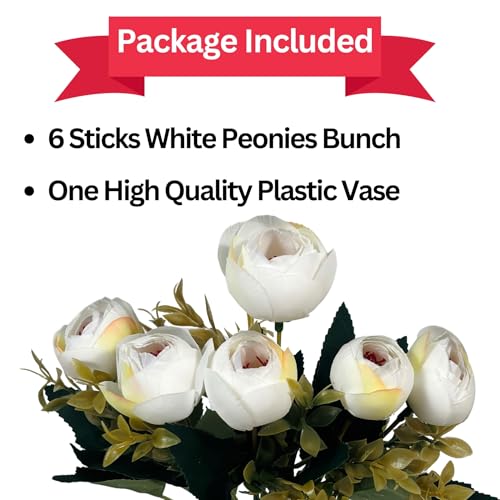 Image of Dekorly Artificial Peony Flowers Bunch | White Vase with Flowers Bunch | Artificial Plants for Home Office Hotel Decor | Bedroom Living Room Bathroom Decor (White, Height : 30CM)