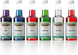 Hawaiian Shaved Ice Syrup Assortment, 6 - 16oz. Bottles of the Most Popular Flavors: Cherry, Grape, Blue Raspberry, Tiger’s Blood, Lemon-Lime, & Pina Colada. Great for Kids' Parties and Cocktail Hour