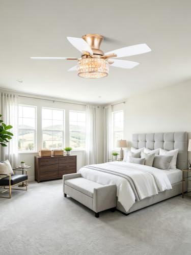 Image of 42 inch Flush Mount Crystal Ceiling Fan with Lights White and Gold