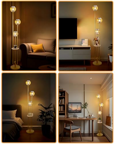 Image of Lightdot Amber Glass Floor Lamp with Shelf 63IN Dimmable Mid Century Modern Gold Standing Lamps 3000K Bulbs Included Globe Floor Lamp with 5Lbs Heavy Base for Living Room /Wedding /Sofa Beside /Corner