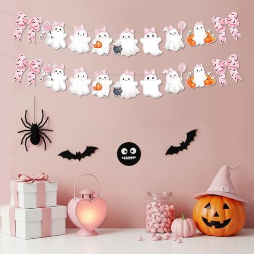 Image of Oudain 2 Pack Pink Halloween Garland Ghost Decor 6.56 ft Cute Pink Bow Bat Pastel Girly Paper Hanging Halloween Banner for Birthday Kids Party Boo Decor a Little Boo Is Almost Due Baby Shower