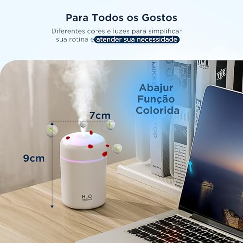 Umidificador de Ar Portátil 300ml | Mini Umidificador USB para Carro e Quarto | Silencioso com LED |