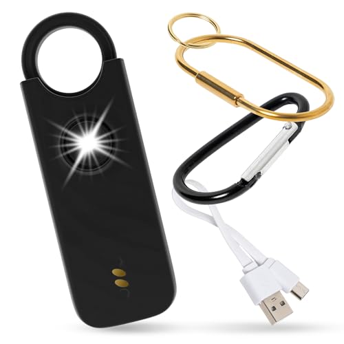 Alarma de Seguridad Personal, Llavero con Sirena de 135dB y Luz Led Estroboscópica para Mujeres, Niños, Ancianos, Sistema de Emergencia y Autodefensa Recargable. (Negra)
