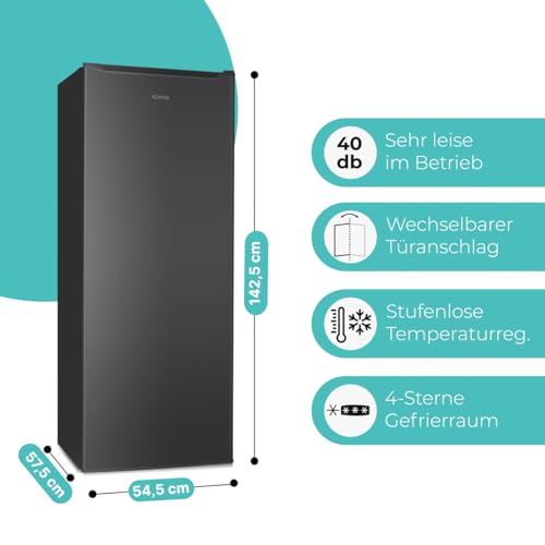 Bomann® Gefrierschrank 143cm I 4 Sterne-Gefrierfach I Temperaturbereich: ≤ -18°C I Tiefkühlschrank leise 40dB I wechselbarer Türanschlag I Gefrierschrank gross I 168L Freezer I GS 7364 schwarz-inox