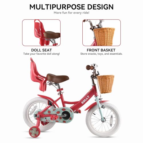 Image of RULLY Fruit Kids Bike 12 14 16 Inch Bicycle for Girls Ages 2-7 Years, Training Wheels Included, Girl Bikes with Basket & Doll Seat