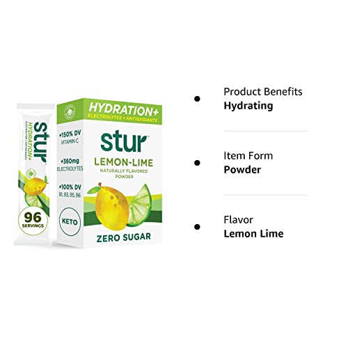 Stur Electrolytes Powder Hydration Packets | Lemon Lime | Sugar Free Water Flavor Packets For Workout Recovery | High Antioxidants & B Vitamins | Keto, Vegan, Non-Gmo, Paleo (96 Packets) #TOP6