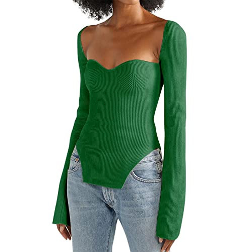 Image of Women's Square Neck Ribbed Knitted Sweater Long Sleeve Crop Slim Fitted Basic Pullover Tops