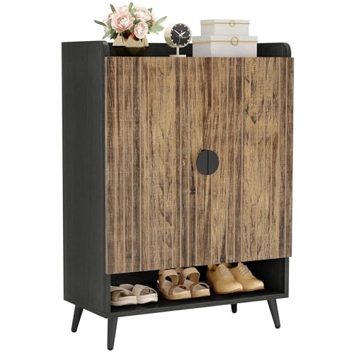 LITTLE TREE Schuhschrank mit Türen und verstellbaren Regalen, 7-stöckig, modern, freistehend, Aufbewahrungs-Organizer für Eingangsbereich, Wohnzimmer, Schlafzimmer, Wohnungen Braun + Schwarz