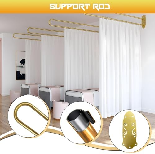 Wall Mounted Privacy Curtains with U-Shape Gold Rod & White Flat Hooks, Medical & Salon Partition, 230cm Beige Room Divider for Hospital & Bedroom Use
