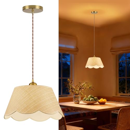 ZORYATA 13" Gold Rattan Pendant Light, Modern Farmhouse Hanging Lamp with Scalloped Drum Shade, Vintage Coastal Boho Lighting Fixture for Kitchen Island, Dining Room, Bedroom, Living Room, Foyer