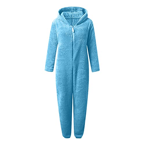 Cute Sherpa Romper For Women's Fleece Onesie Pajamas One-Piece Zipper Plush Warm Hooded Jumpsuit Plush Sleepwear Playsuit Sky Blue #TOP2