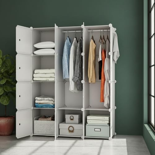 Image of KRISHYAM Kids Modular Storage Cabinet with White Doors,12 Cube Plastic Wardrobe Organizer, DIY Closet System with Hanging Rod, Toy & Clothes Storage (White, 12 Box)