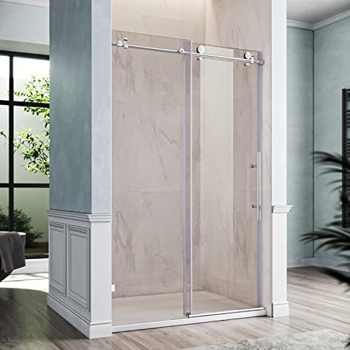 SUNNY Frameless Sliding Glass Shower Door 48 in. W x 76 in. H Shower Enclosure in Chrome Finish with 3/8 in. Clear Tempered Glass Panel