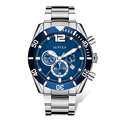 SUNVEN Men's Wrist Watches Waterproof Chronograph Quartz Blue Wrist Watches for Men Stainless Steel Band