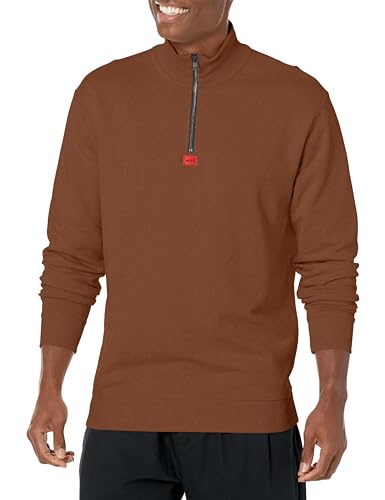 HUGO Men's Square Logo Quarter Zip Cotton Sweatshirt, Burnt Umber, L