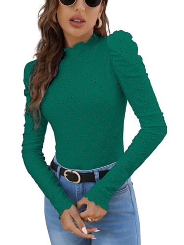 Image of Sugathari Girl's & Women's Spring /Summer Slim Fit High Neck T-Shirt with Stand Collar, Cap Sleeves and Eyelet Embroidery Frill Trim Tee Textured Sheer Fabric (T-Shirts 194 $P)