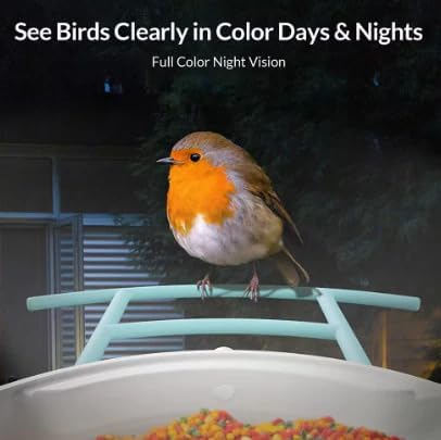 Screenshot of the VicoHome app showing a live view of birds at the feeder with 130-degree wide-angle, built-in microphone, 2.4G Wi-Fi, and app control icons.