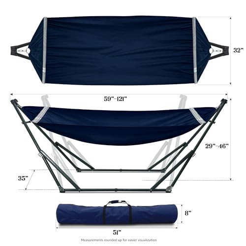 Image of Tranquillo Ultimate Relaxation Portable Hammock Stand with Cotton Canvas Net, Spreader Bar, Quick Fold Unfold in 30 Seconds Steel Frame Hammock 600 lbs Capacity Outdoor, Navy