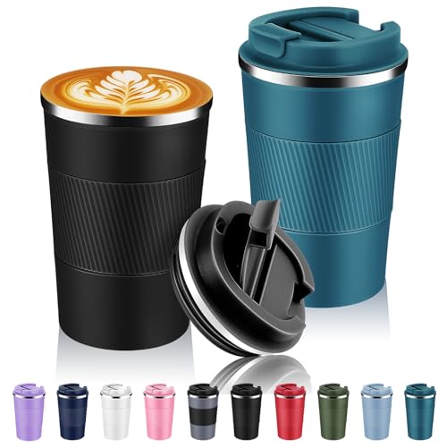 Volhoply 13 oz Stainless Steel Insulated Travel Coffee Mug with Fip Lid Bulk 2 Pack,Reusable Double Wall Vacuum Metal Coffee Cup,Portable Leak Proof Thermal Tumbler for Hot & Cold Drinks(Assorted,2)