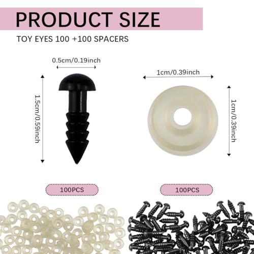 Qerutk 100pcs Safety Eyes with Washers, 5MM Plastic Eyes Gasket, Doll Making Supplies, Plastic Black Eyes, Bear Plush Eyes for Toy Animals Puppet DIY Craft (100PCS Eyes,100pcs Gasket)