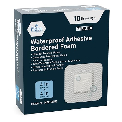MED PRIDE Sterile Waterproof Silicone Foam Dressing with Adhesive Border, Absorbent Bandage, Protects Against Infection (4x4 Inch (Pack of 10))