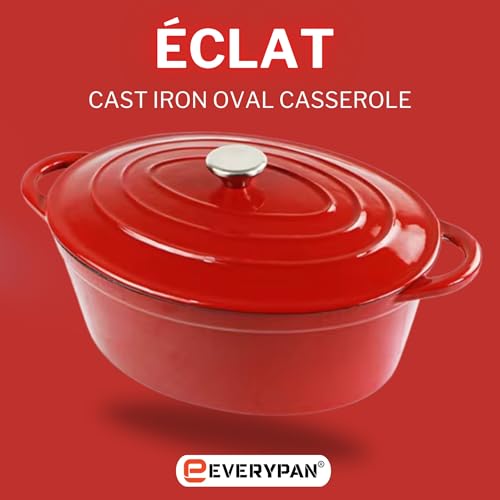 Éclat 4.5L Cast Iron Dutch Oven with Silicone Handle Covers, Enamelled Non-Stick Casserole Pot, Heavy-Duty Cookware for Baking, Braising, Slow Cooking,Roasting Dish & Stews Crimson Red Oval - Image 3