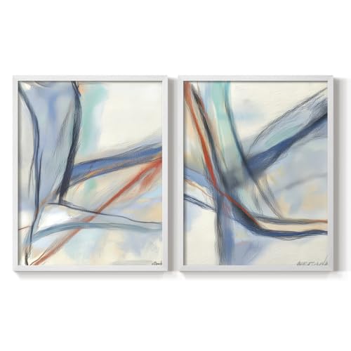 Renditions Gallery Set of 2 Peel & Stick Framed Prints, Abstract Wall Art, Blue & Red Intertwined Paths Wall Decor, Re-Stickable - Ready to Hang - 11"x14" - White Frame LT608