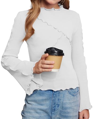 BesserBay Kids Autumn Mock Neck Long Bell Sleeve Ribbed Knit Shirts Y2k Inspired Casual Fashion White Tops 11-12 Years