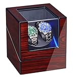 ANWBROAD Watch Winder for 2 Watches,Double Automatic Watch Winder Box with Quiet Motor,LED Light,5 Rotation Modes,Auto-Stop Lid Sensor,Red Wooden Piano Finish,Battery or Type-C Adapter Powered,JWW001Y