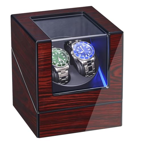ANWBROAD Watch Winder for Automatic Watches Double with Super Quiet Motor Flexible Watch Pillows LED Backlight Wooden 5 Modes Battery or Type-C Adapter UJWW001Y