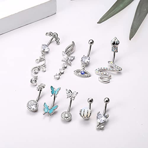 Fansilver 14G Belly Button Rings Surgical Steel Clicker Belly Button Rings Dangling Cz Navel Rings For Women Cute Butterfly Evil Eye Heart Belly Button Piercing Barbell Body Jewelry,Sliver. #TOP5