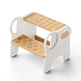 Wooden Two Step Stool for Kids & Toddlers, Pine Wood, Holds 200 lbs, Wide Non-Slip Step for Kitchen, Bathroom Sink, Bedroom, Toilet Stool (White)