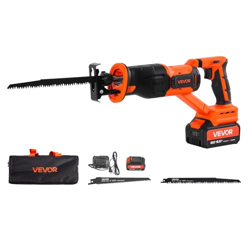 Image of VEVOR 20V Brushless Reciprocating Saw, Cordless Reciprocating Saw with Battery, 3000 SPM Variable Speed, 1 inch Stroke Length Charger, 8 Blades, and Carrying Bag, for Wood, Metal and Plastic Cutting
