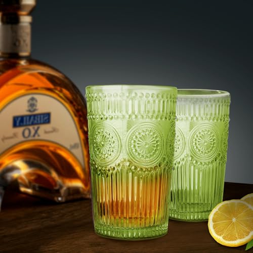 Loivttvv Zestaw 6 szklanek do picia w stylu vintage, 370 ml, zielone szklanki typu highball, wytłaczane, prążkowane, szklane kubki na koktajl, wodę, sok, kawę, whisky