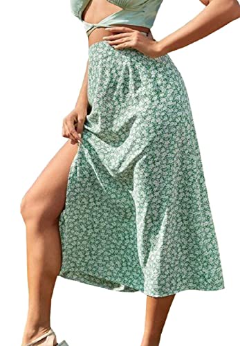 CHARTOU Women's Summer High Waist Floral Print Side Slit Midi Long Beach Boho Skirt