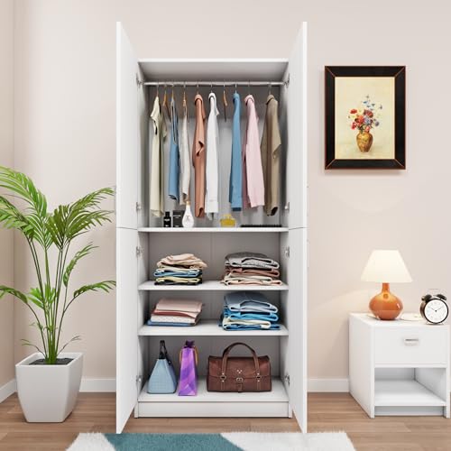Image of VIKI Wardrobe | Wooden Almirah for 4 Small Door Wardrobe with Shelves & Hanging Space (Frosty White - 40D x 80W x 180.8H) | 1 Year Warranty | Free Assembly