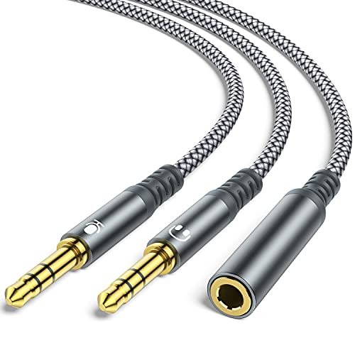 Headset Splitter Cable, 3.5mm Headphone Splitter Mic and Audio Y Splitter Jack, Female to 2 Male Adapter for PC Laptop Game Earphones Port-Grey