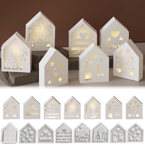 8PCS Silikonformen Gießformen Häuser TREABEAR, Silikonformen Häuser, Kerzenformen Zum Gießen, Gießform Häuser,Gießform Kerzenhalter Haus,DIY Silikonform Häuser mit Herzen Weihnachtsbaum Sterne Fenster