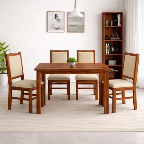 Image of SONA ART & CRAFTS Cresta Solid Sheesham Wood Dining Table Set of 4 Seater Dinner Dinning Table with 4 Cushion Chair Dining Furniture for Living Room Home Hotel Office Self Assembly (Natural Finish)
