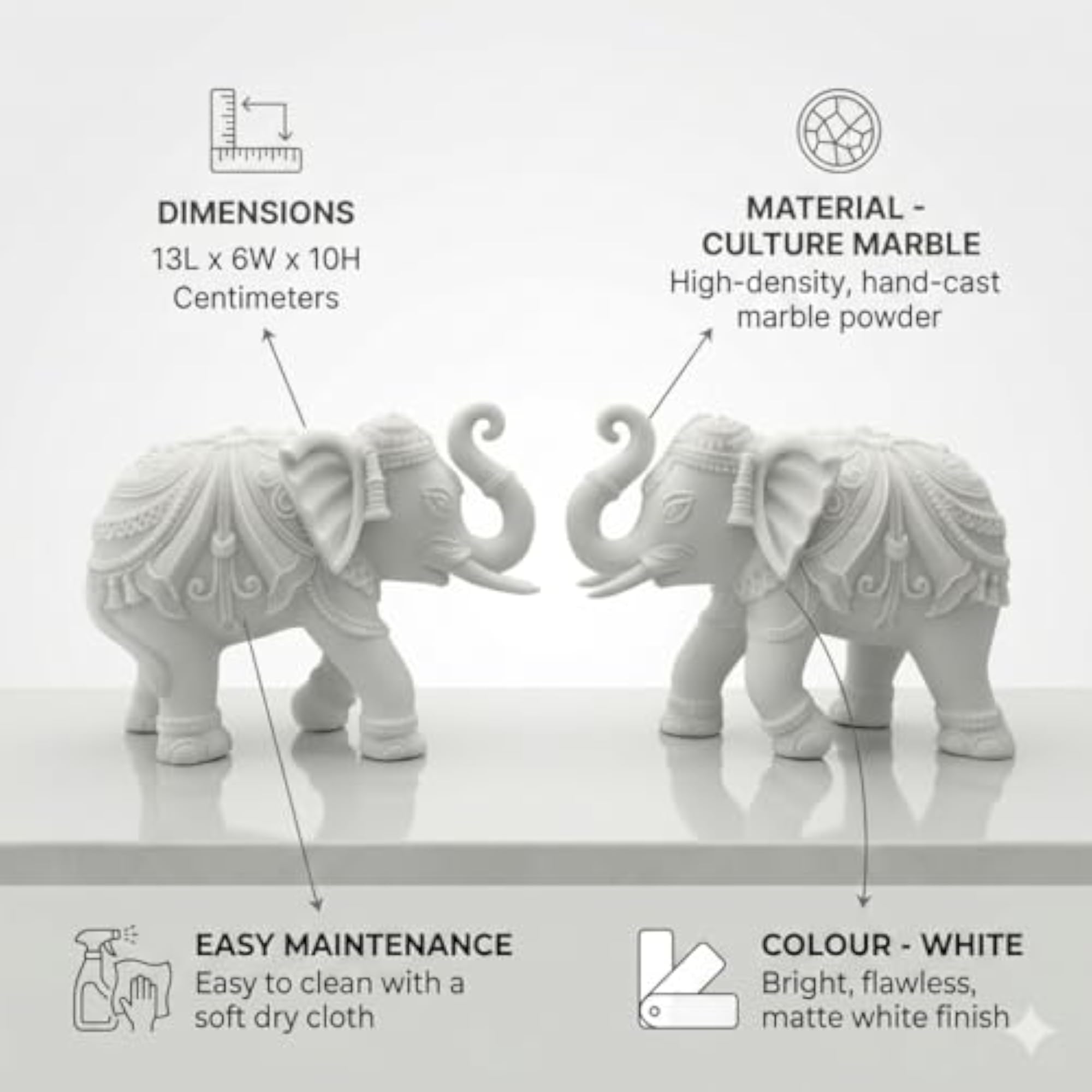White Marble Dust Trunk Up Elephant Statue Pair for Home Decor