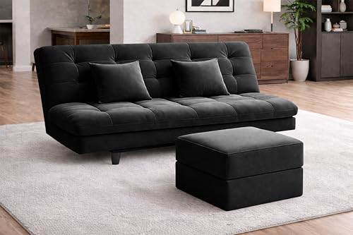 Image of Rosebell Modern Three-Seater Sofa Cum Bed - Foldable Velevt Fabric Sofa, Foam Seating, Stylish Design for Living Room, Guest Room & Office - Black Color