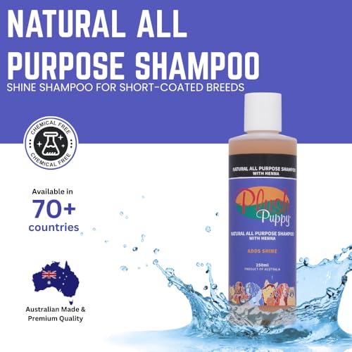 Image of PLUSH PUPPY Shampoo for Cats and Dogs - Ideal for Short Coated Breeds, Enhances Shine, Maintains Skin Health, Paraben Free, No Artificial Fragrance, All Purpose Pet Shampoo with Henna (250 ml)